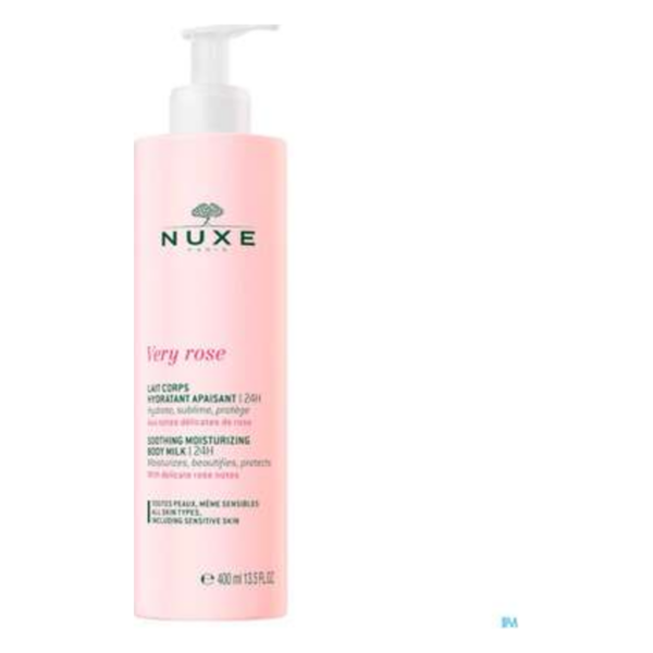 Rosa Flasche mit Pumpvorrichtung, enthält Feuchtigkeitsmilch von NUXE, 400 ml, beruhigende Körperpflege.