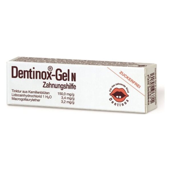 Dentinox-Gel N Zahnungshilfe in einer weißen Verpackung mit braunen Schriftzügen und einem roten Logo.