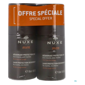 Zwei Deos der Marke NUXE in einer speziellen Angebotsverpackung, jeweils 50 ml, mit Angaben zur Anwendung und Inhaltsstoffen.