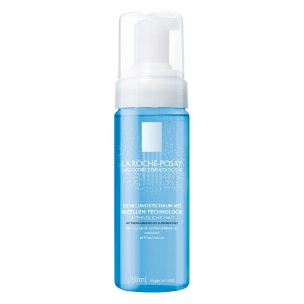 Schäumende Reinigungsflüssigkeit in blauer Flasche mit Pumpspender, für empfindliche Haut, 150 ml.