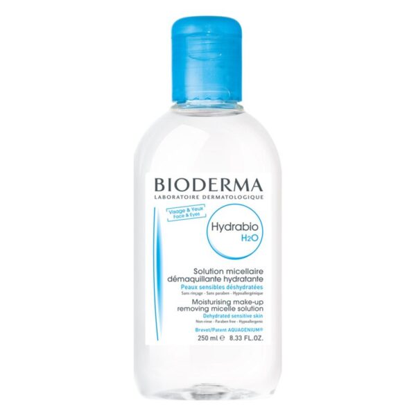 Flasche mit Bioderma Hydrabio H2O, einer befeuchtenden Mizellenlösung für empfindliche Haut, 250 ml.