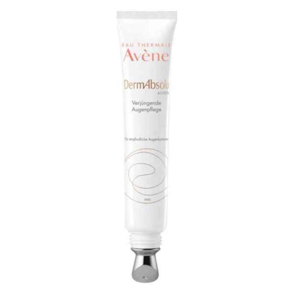 Tubengefäß der Avène Dermabsolu Augenpflege, mit silberner Applikatorspitze und weißem Design.