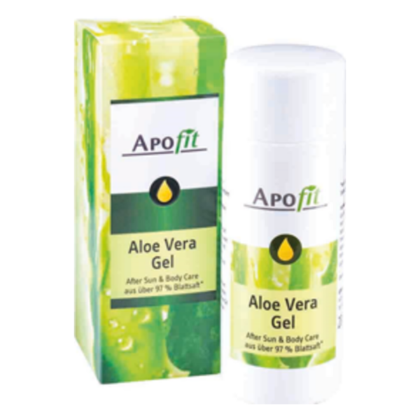 Aloe Vera Gel von ApoFit in einer weißen Flasche mit runder Kappe und farbenfroher Verpackung.