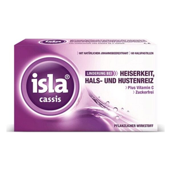 Verpackung von Isla Cassis Halspastillen zur Linderung von Heiserkeit und Hustenreiz, mit Vitaminen und ohne Zucker.