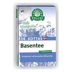 Verpackung von Dr. Kottas Basentee, unterstützt durch Kräuter mit basischen Mineralien, in frischen Farben gestaltet.