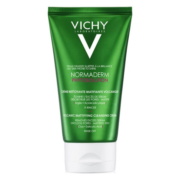 Grüne Tube mit mattierender Reinigungscreme von Vichy, enthält tonhaltige und salicylsäurehaltige Inhaltsstoffe.
