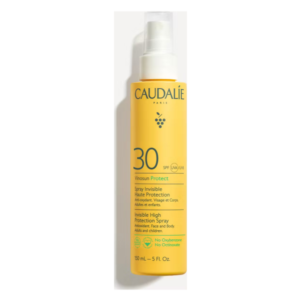 Sonnencremespray in gelbem Flakon mit Pumpzerstäuber, Schutzfaktor 30, für Gesicht und Körper.