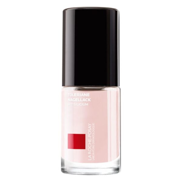 Flasche mit rosa Nagellack von La Roche-Posay, mit schwarzem Deckel und Beschriftung 'Toleriane Nagellack mit Silicium'.