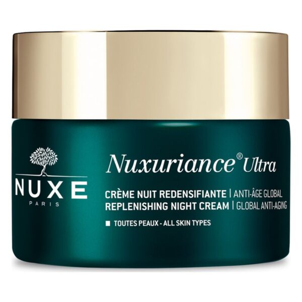 Grüne Nachtcreme von Nuxe mit goldenem Deckel, für alle Hauttypen und zur globalen Anti-Aging-Pflege.