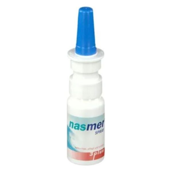 Nasenspray in einer weißen Flasche mit blauer Sprühkappe, beschriftet mit "nasmer" und Hinweis auf sprühbare Anwendung.