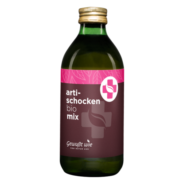 Flasche mit Bio-Artischockenmix, grünem Glas, goldfarbener Verschluss und auffälligem Etikett in rosa und braun.