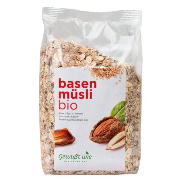 Verpackung von Basenmüsli in Bio-Qualität mit verschiedenen erforderlichen Zutaten und Nährwerthinweisen auf dem Etikett.
