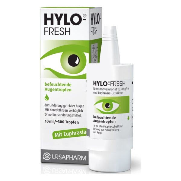 Verpackung von HYLO-FRESH befeuchtenden Augentropfen mit einer grünen Auge-Illustration und wichtigen Inhaltsstoffen.