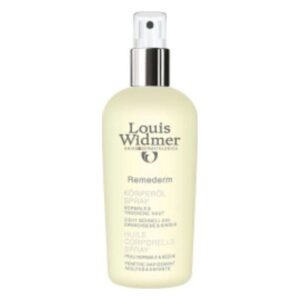 Transparentes Sprühfläschchen mit Körperölspray von Louis Widmer, für normale und trockene Haut geeignet.