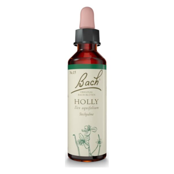 Bach-Blütenmittel 'Holly' in dunkler Flasche mit Pipette, etikettiert mit Beschreibung und Pflanzenillustration.