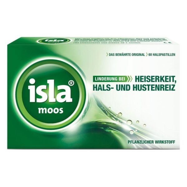 Paket mit 60 Halspastillen von isla moos für die Linderung von Heiserkeit und Hustenreiz, grüne Verpackung.