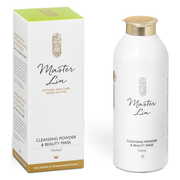 Cleansing Powder und Beauty Mask von Master Lin in einer weißen Flasche mit goldener Kappe und dazu passender Verpackung.