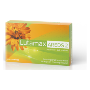 Verpackung des Nahrungsergänzungsmittels Lutamax AREDS 2 in einer farbenfrohen Box mit Blumenmotiv.