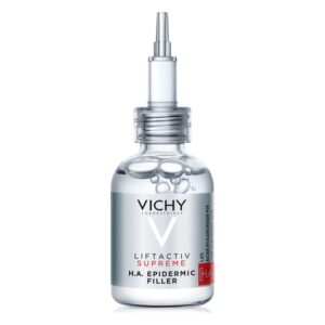 Flasche mit transparentem Filler von Vichy, Liftactiv Supreme, mit Pipette und silbernem Etikett.