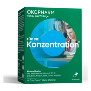 Verpackung eines Nahrungsergänzungsmittels für Konzentration mit blauer und grüner Farbgestaltung, 90 Kapseln enthalten.
