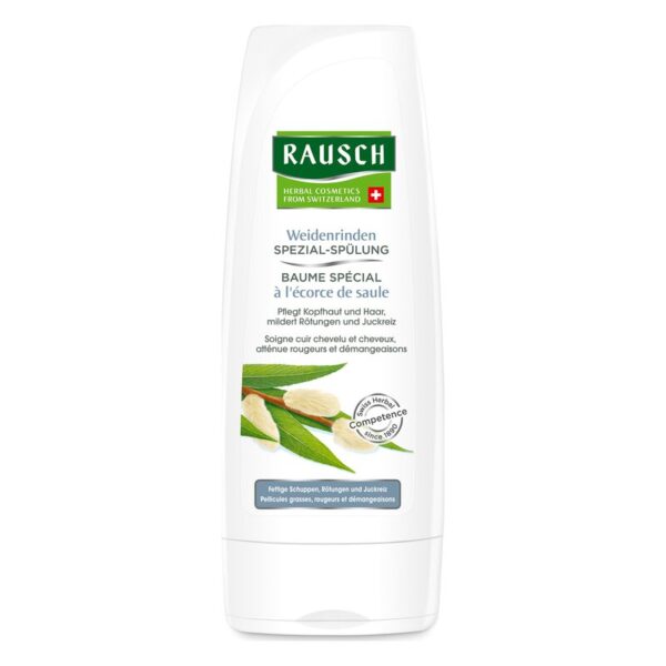 Flasche mit Weidenrinden-Spezialspülung von Rausch, zur Pflege von Kopfhaut und Haar.