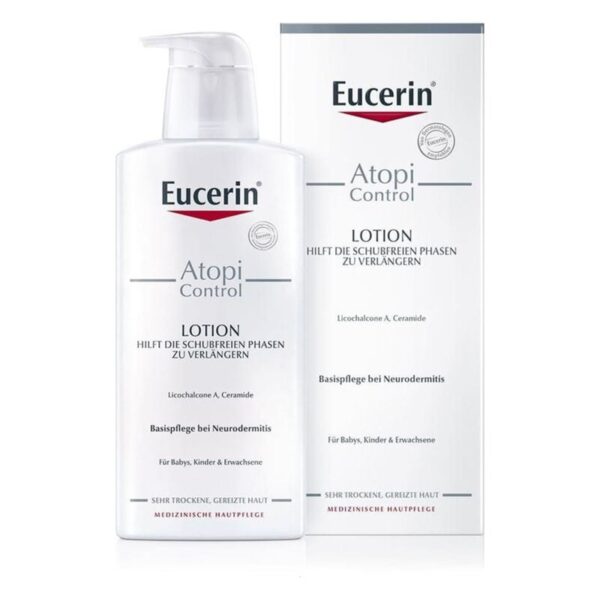 Eucerin Atopi Control Lotion in einer durchsichtigen Flasche mit Pumpe, umgeben von einer weißen Verpackung.