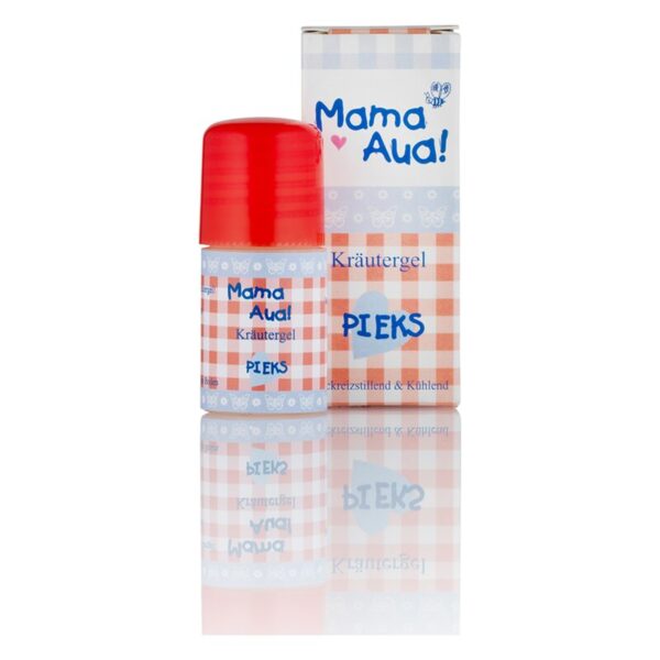 Kräutergel in einer kleinen Flasche mit rotem Deckel und kariertem Verpackungsdesign, beschriftet mit "Mama Aua!"