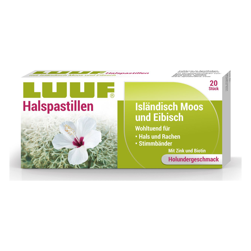 Verpackung von LUUF Halspastillen mit Abbildung einer Blume, Hinweis auf Holunder-Geschmack und Inhaltsstoffe.