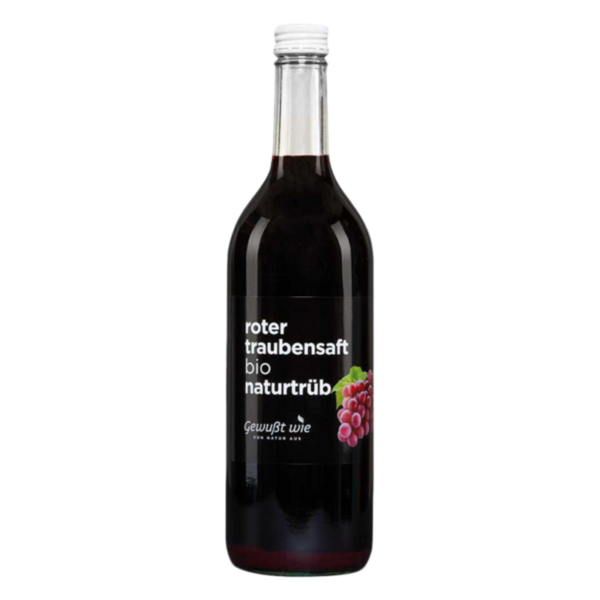 Flasche mit rotem Traubensaft, bio und naturtrüb, etikettiert mit schwarzem Text und einer Abbildung von Trauben.