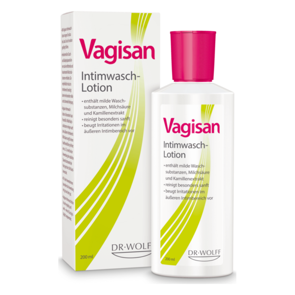 Vagisan Intimwaschlotion in einer transparenten Flasche mit pinkem Deckel, neben der externen Verpackung.