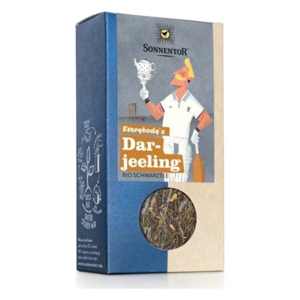 Verpackung von Everybody's Darjeeling Bio Schwarztee mit Illustrationen eines Cricketspielers.