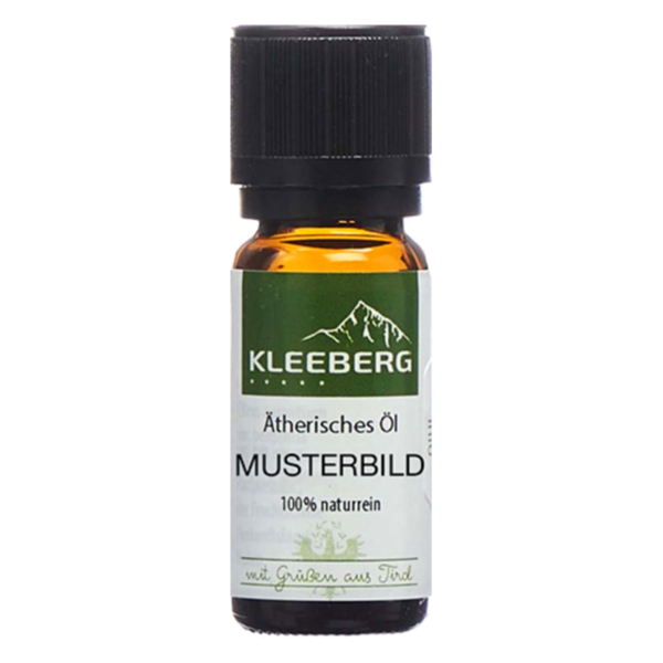 Braune Glasflasche mit schwarzem Verschluss, etikettiert als ätherisches Öl von Kleeberg, 100% naturrein.