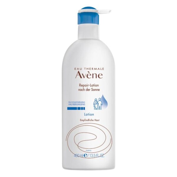 Weißer Flakon mit blauer Pumpe, enthält Repair-Lotion von Avène für empfindliche Haut nach Sonneneinstrahlung.