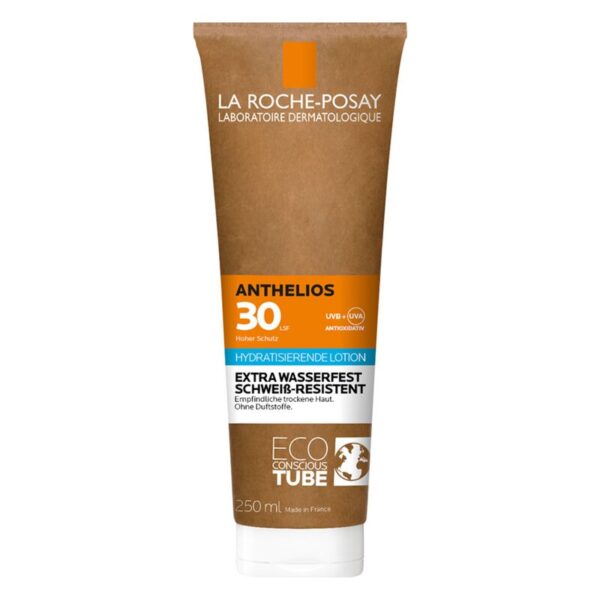 Sonnenlotion in einem braunen, umweltbewussten Tubus mit blauer und orangefarbener Beschriftung, 250 ml Inhalt.