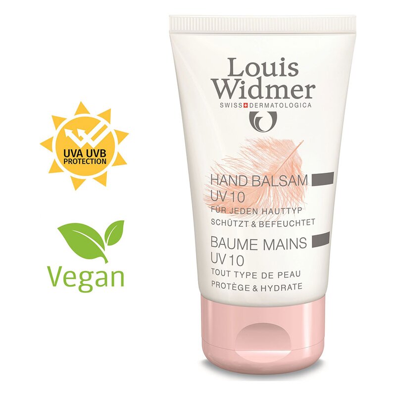 Eine Tube Handbalsam UV 10 von Louis Widmer, vegan, bietet UV-Schutz für jeden Hauttyp.