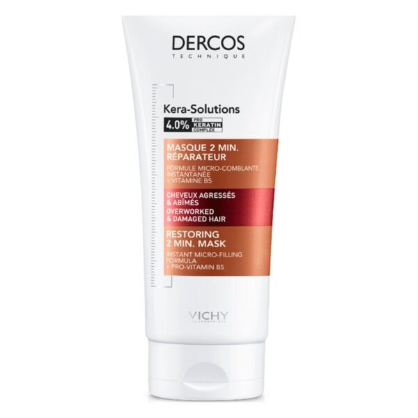 Haarmaske in tube, betont Reparaturfunktion mit Vitamin B5 für strapaziertes Haar.