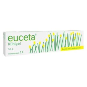 Kühlgel in einer Verpackung mit grünen Grashalmen und gelben Blüten, 50 g Inhalt, Formel mit Kamillenaroma.