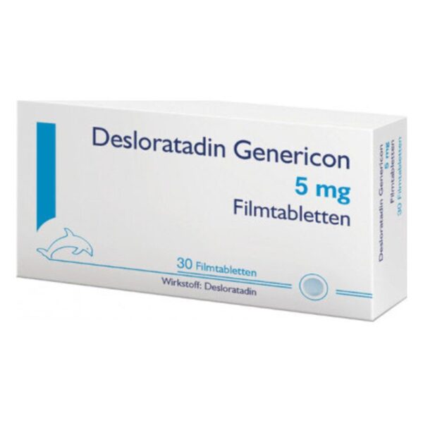Verpackung von Desloratadin Genericon mit 5 mg Filmtabletten, enthält 30 Tabletten und zeigt einen Delfin.