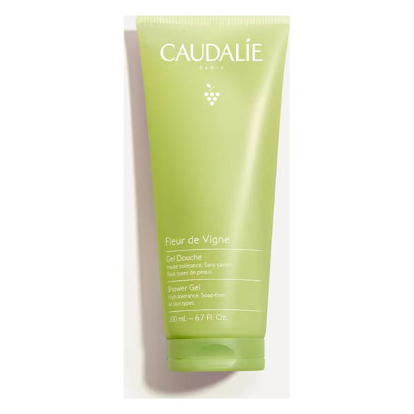 Grüner Duschgelbehälter von Caudalie mit der Bezeichnung "Fleur de Vigne", vegan und hautverträglich, 200 ml.