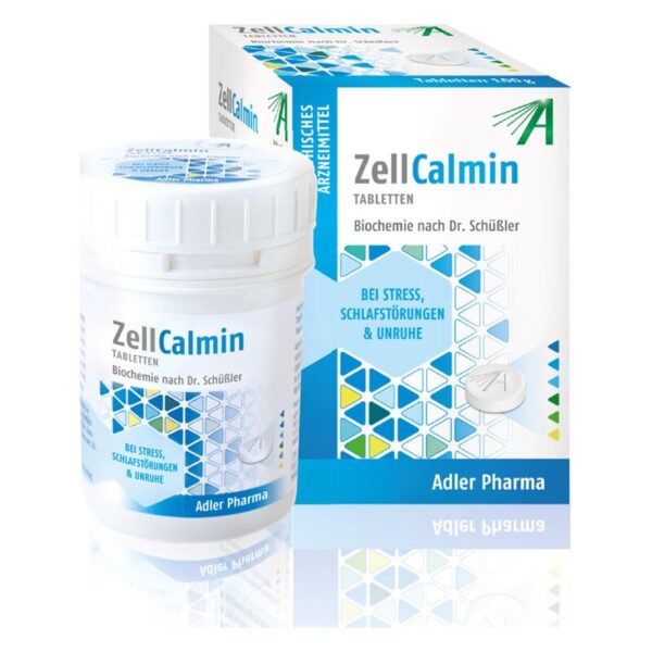 Weißes Tablettenglas mit blauer Beschriftung "ZellCalmin" und einer Verpackung mit geometrischem Muster.