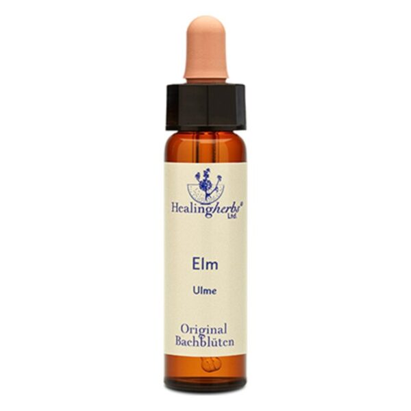 Braune Glasflasche mit einem schwarzen Deckel und einer Pipette, beschriftet mit "Elm Ulme Original Bachblüten".