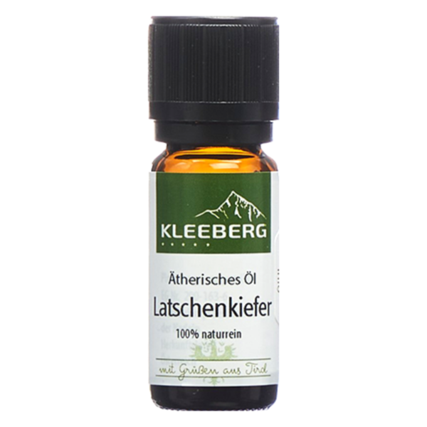 Braune Glasflasche mit schwarzem Schraubverschluss, etikettiert mit "Ätherisches Öl Latschenkiefer 100% naturrein".