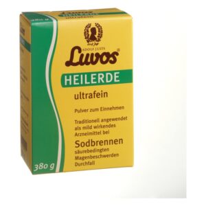 Gelbe Verpackung von Luvos Heilerde ultra fein, Pulver zur Einnahme gegen Magenbeschwerden.