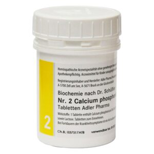 Runde, weiße Kunststoffdose mit gelbem Etikett für homöopathische Calcium-Phosphor-Tabletten.