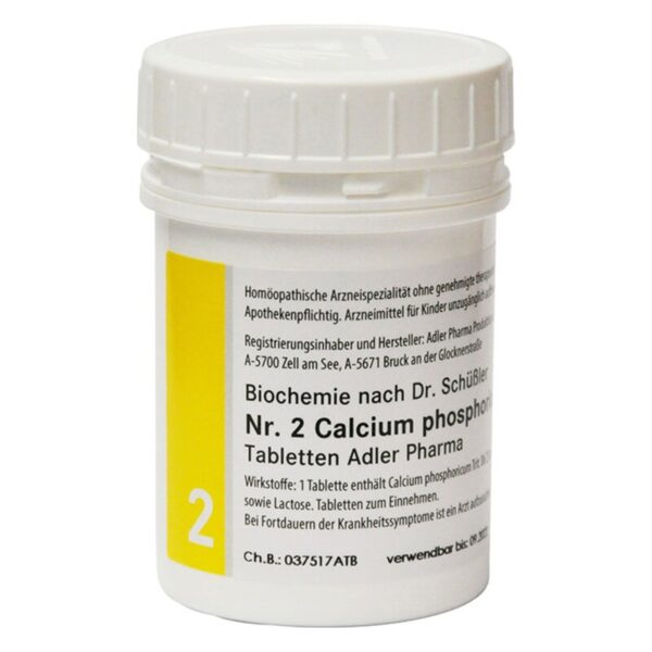 Runde, weiße Kunststoffdose mit gelbem Etikett für homöopathische Calcium-Phosphor-Tabletten.