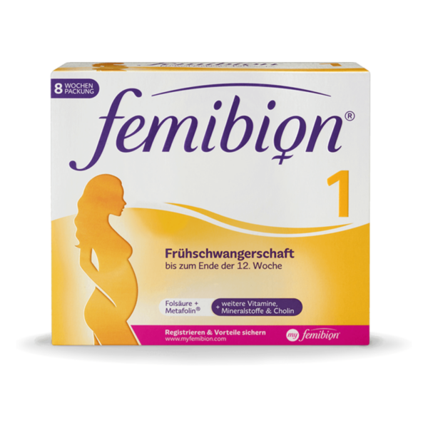Packung von femibion 1, einem Nahrungsergänzungsmittel für die frühe Schwangerschaft mit Vitaminen und Mineralstoffen.