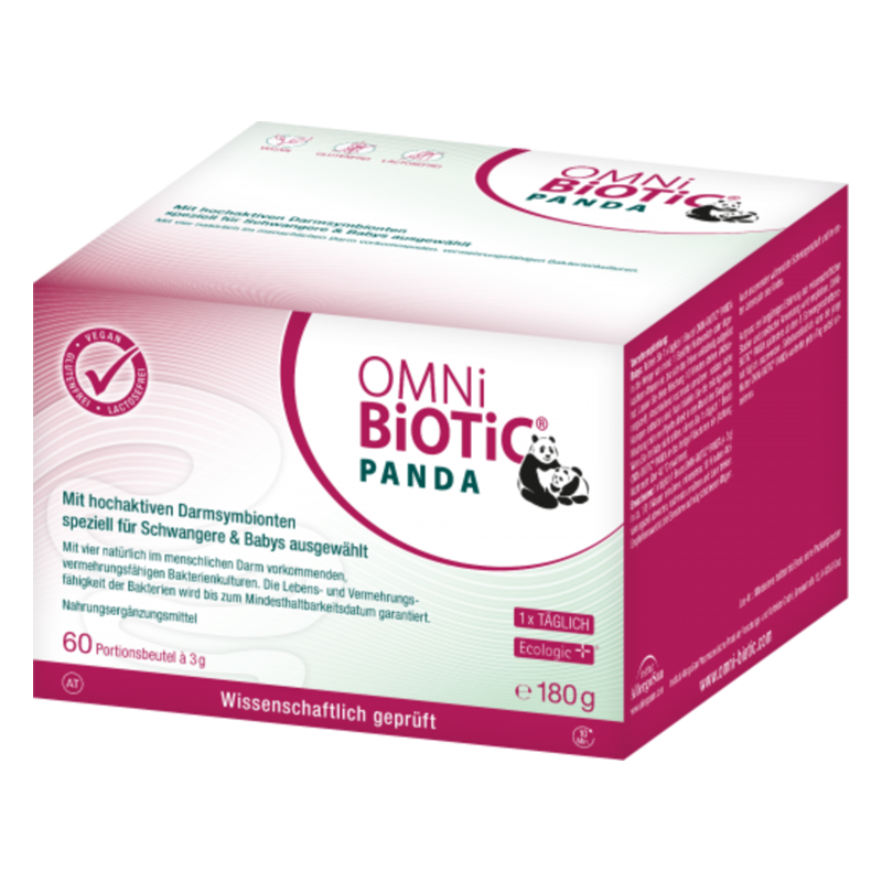 Verpackung des Produkts OMNi BiOTiC Panda, ein Nahrungsergänzungsmittel mit vier aktiven Darmbakterien für Schwangere und Babys.