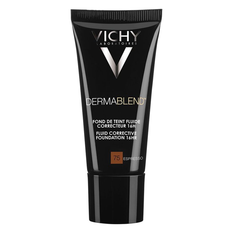 Schwarze Tube mit Vichy Dermablend Flüssigtönung, 75 Espresso, für eine 16-stündige Korrektur.