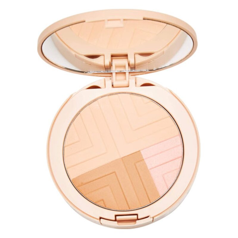 Runder, geöffneter Pudercompact mit drei unterschiedlichen Farbtonstreifen in Beige- und Rosatönen.