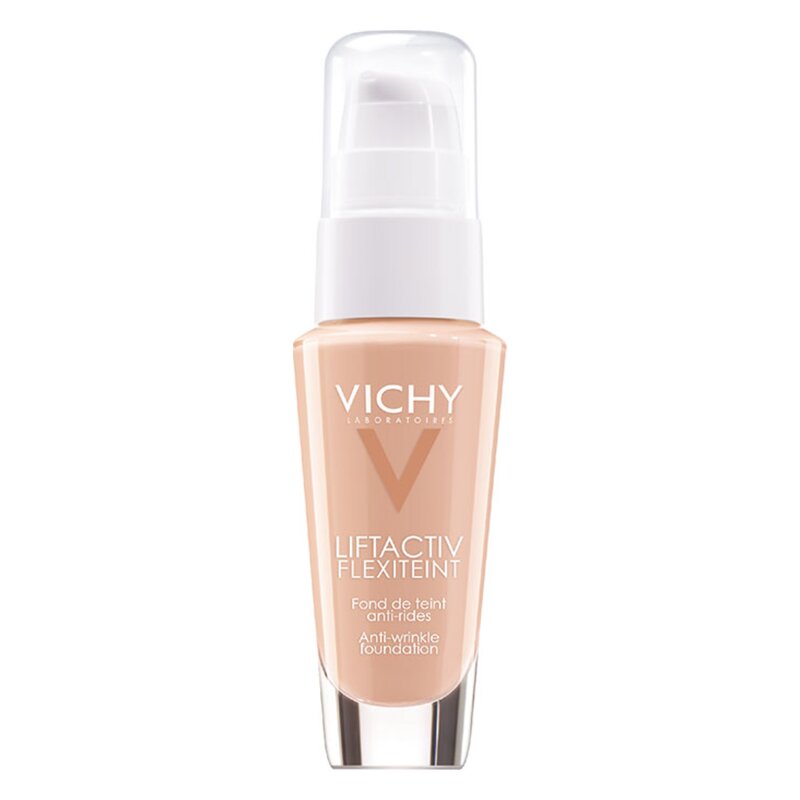 Vichy Liftactiv Flexiteint, ein flüssiges Make-up in einem transparenten Pumpflakon, bietet Anti-Aging-Effekte.